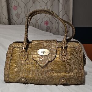 Metallic Faux Croc Satchel Handbag – Gold Structured Tote